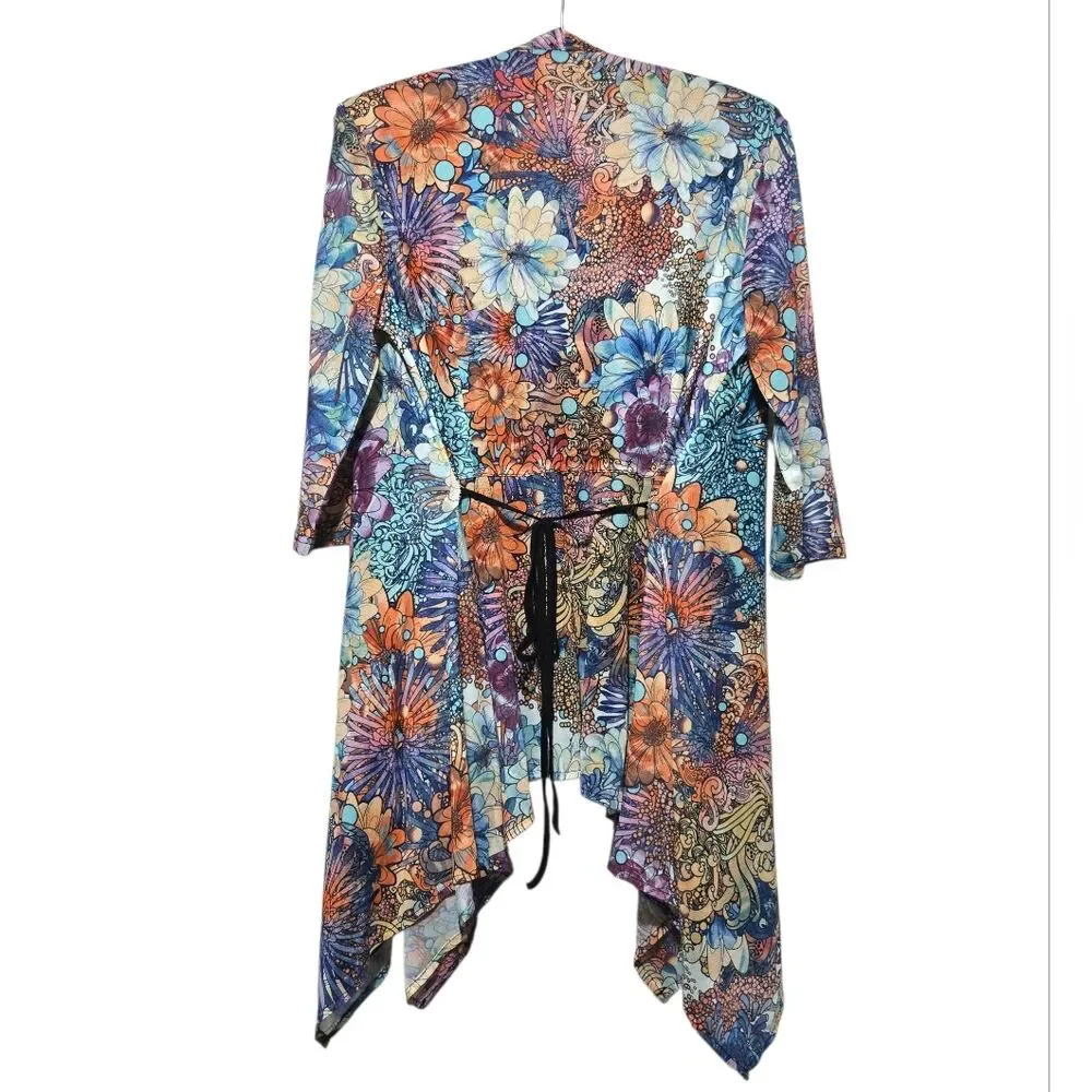 Kamana Boho Floral Multicolor Mesh Floral Open Front Kimono Cardigan Size Medium